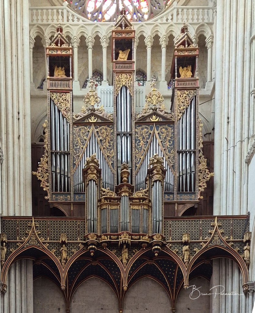 Grand orgue décoré et orné dans une cathédrale avec des sculptures détaillées et des pipes en métal.